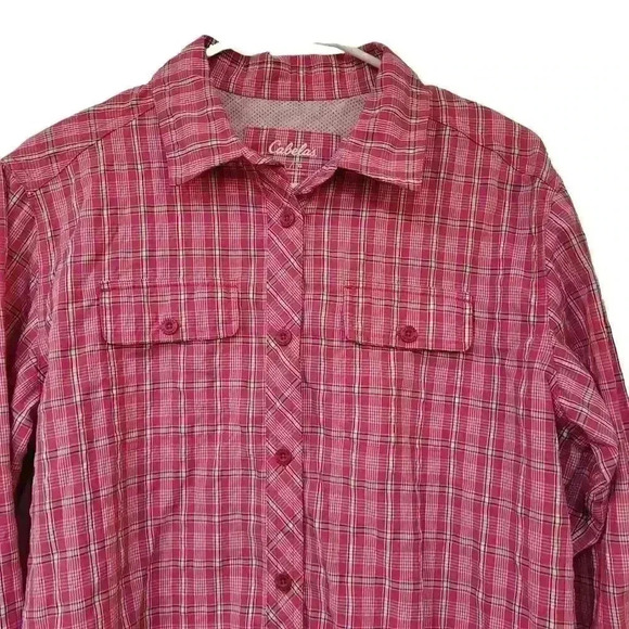 Cabela's Women's Pink Nylon/Poly Plaid Vented Fishing Outdoor Button Down Shirt - Picture 2 of 10